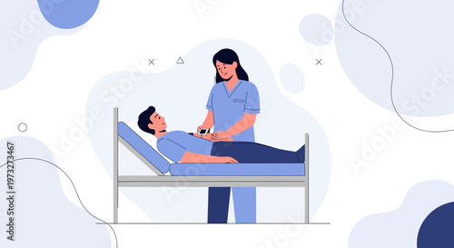 Nurse examining patient in hospital bed with medical device, healthcare concept