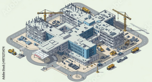 Isometric Construction Site With Multiple Building Structures Underway.