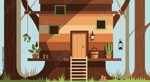 Treehouse with wooden door and plants.
