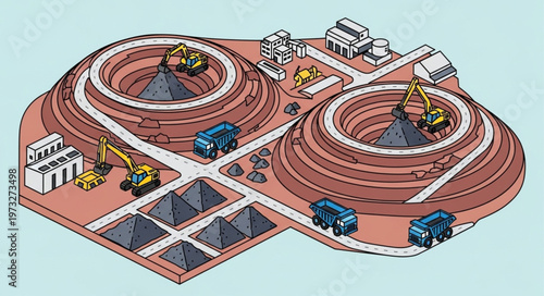 Isometric Construction Site With Spiral Tunnel Excavation Vehicles.