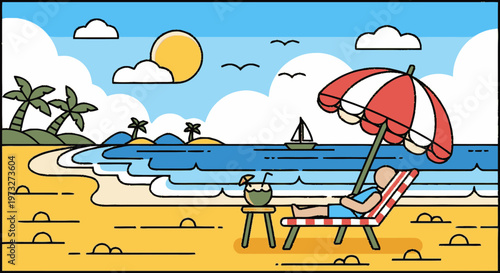 Woman Relaxing on Beach Chair Under Umbrella.