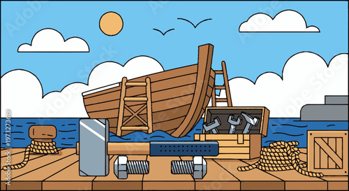 Wooden boat on a dock.