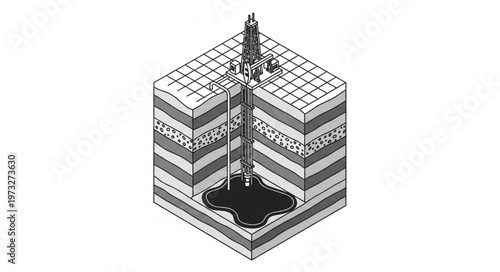 Isometric Cross Section Oil Well Drilling Rig And Reservoir.