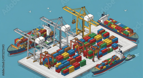 Isometric container port with cranes ships and stacks.