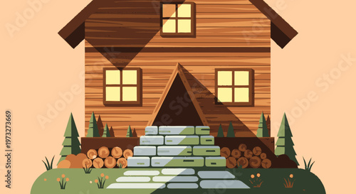 A brown wooden house with stairs.