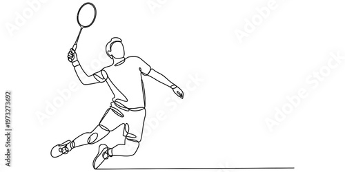 Continuous single line drawing of a male badminton player swinging his racket to hit the shuttle.