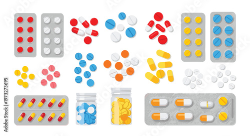 A diverse collection of colorful pharmaceutical pills and capsules in blister packs alongside medicine bottles is arranged neatly on a clean white space.