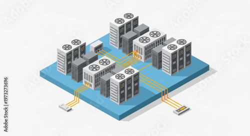 Isometric Data Center Server Rack Cooling Infrastructure Illustration.