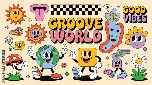 A retro-style psychedelic illustration depicts smiling cartoon characters and symbols in a vibrant scene