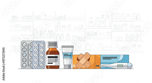 Essential medical supplies including a syrup bottle and cream tube sit prominently before a faint grey outline of organized pharmacy shelves on white.