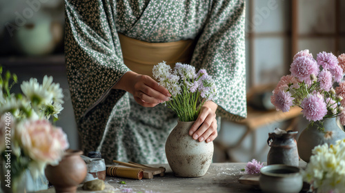 Woman arranging flowers in vase inside minimalist Japanese apartment with soft natural light and calm atmosphere. Ikebana floral art concept