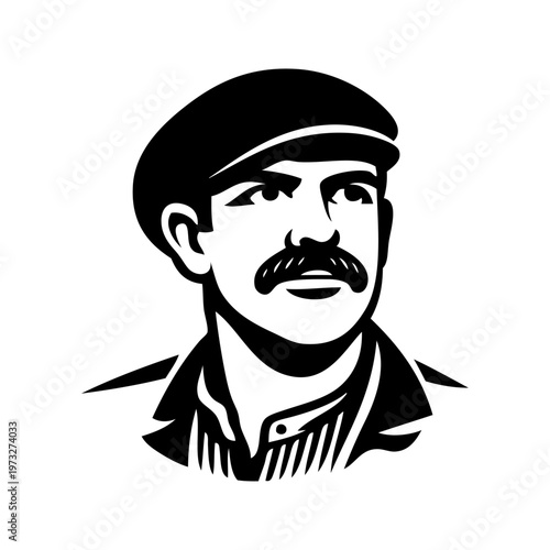 Logo moda de caballero. Dibujo minimalista de la cabeza de un hombre con bigote, ropa y gorra vintage 