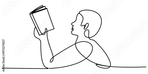A minimalist single line drawing of a person sitting and holding a book in a relaxing position