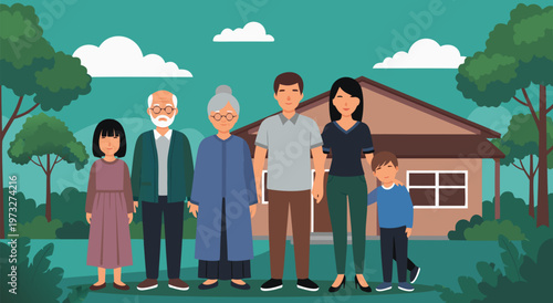 Vector illustration of a diverse multi-generational family standing together outside their home, symbolizing unity and togetherness