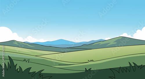 Serene Rolling Hills and Distant Mountains in a Charming Vector Illustration