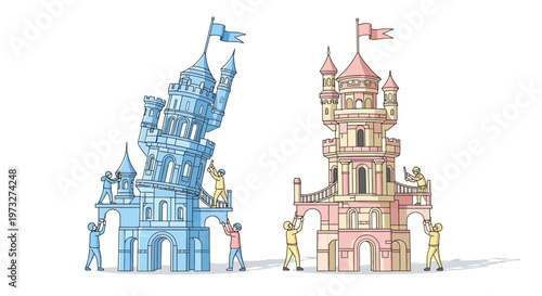 Colorful cartoon castle towers with flags.