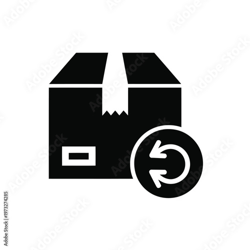 Black silhouette of an open cardboard box with a returns symbol