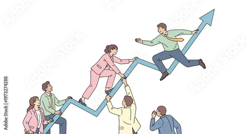 Business people climbing up arrow graph.