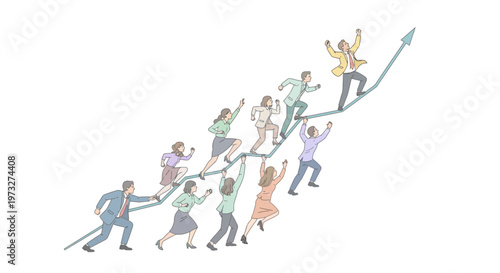People climbing up a ladder together.