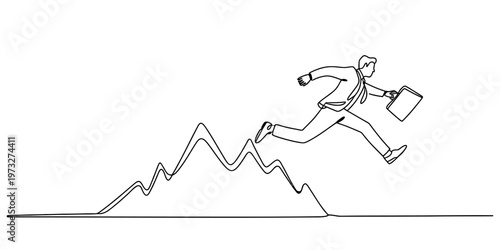A single continuous line drawing of a businessman jumping over a mountain shaped line chart graph