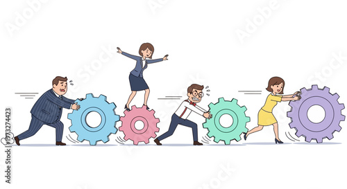 Business people pushing gear wheels together.