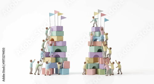 People building colorful block towers.
