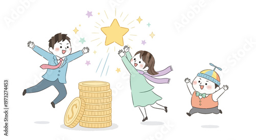 Happy family with coin stack money.