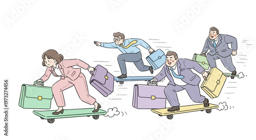 Business people riding luggage carts fast.