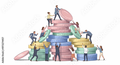 People stacking colorful coins money pile.