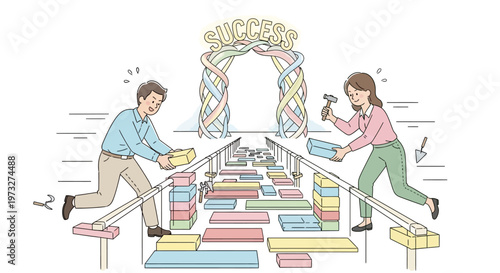 Man and woman building staircase.