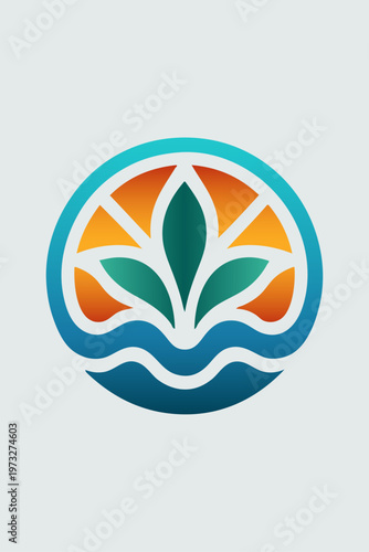 Logo agencia de viajes. Vacaciones de verano. Dibujo sencillo con siluetas de un sol con hojas de plantas y olas de mar formando un círculo