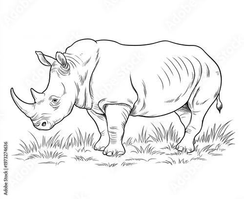 Rhino stands on grass with focus on its features during daylight