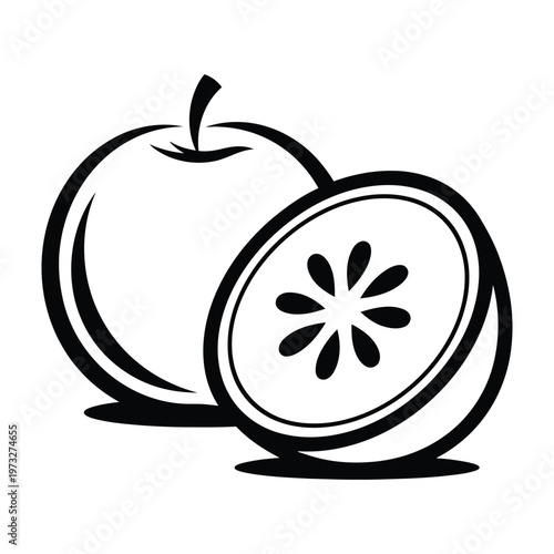 Whole red apple and a sliced kiwi fruit vector illustration with line art with black and white with design element with plant based