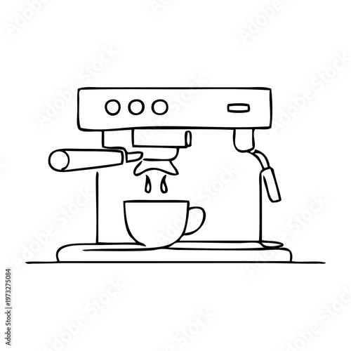 Dibujo con una única línea de una máquina de café con taza y controles para el hogar y la cafetería