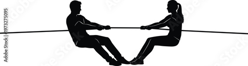 Silhouette of a man and woman playing tug of war representing competition conflict relationship struggle and teamwork in business partnership