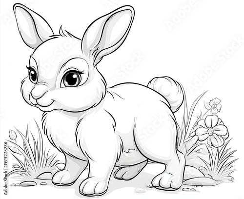 Cute rabbit stands in a garden with flowers on a sunny day