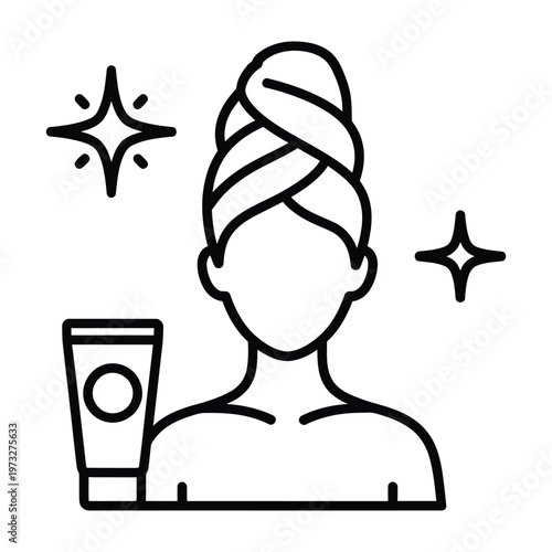 Woman with towel wrapped hair holding skincare product and sparkles - beauty routine self-care vector icon