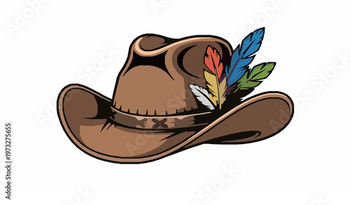 Vintage Cowboy Hat with Colorful Feathers Retro Western Vector Illustration Isolated