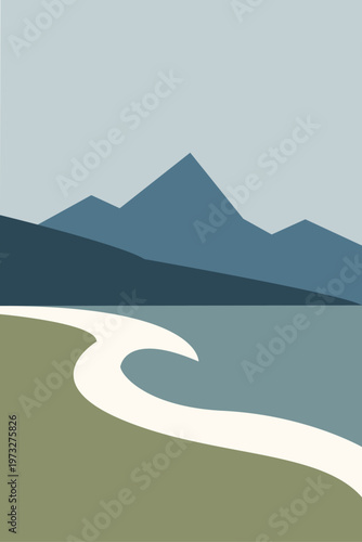 Logo agencia de viajes. Dibujo sencillo de un paisaje nocturno con las siluetas de una montaña y una playa con olas y mar