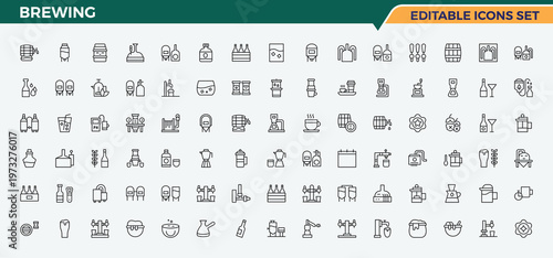 Brewing icon set in linear style. Bar icon set. Vector icons collection. Pictograms of malt, drink, brew, beer and more. Editable vector art.