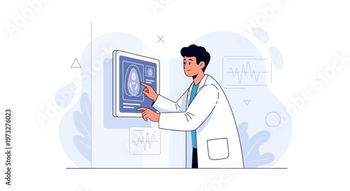 Doctor analyzing medical scan on futuristic screen, healthcare technology concept
