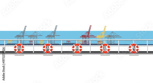 A row of orange lifebuoys hangs from a white ship railing overlooking a distant blue harbor filled with colorful industrial cranes under a clear sky view.