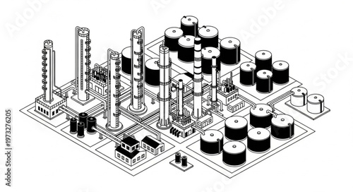 Isometric Industrial Oil Refinery Complex With Storage Tanks.