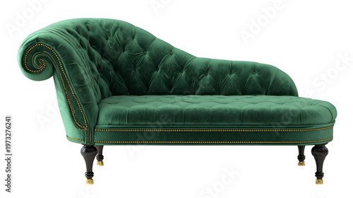 Elegant green velvet chaise lounge isolated on white background background, luxurious couch for living room or bedroom interior design
