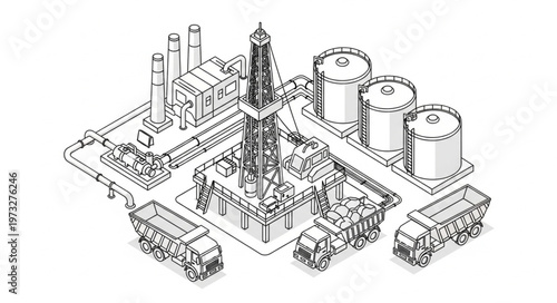 Isometric industrial oil refinery complex with storage tanks.