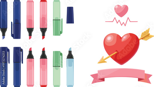Colorful Highlighter Markers Set with Heart Symbol and Arrow Vector Illustration for Education, Love, and Creative Designs
