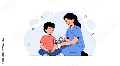 Nurse checking child's blood pressure, healthcare concept, vector illustration