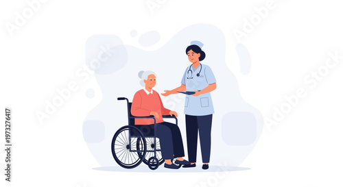 Nurse helping elderly woman in wheelchair, healthcare, medical assistance, senior care