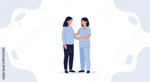 Nurse comforting patient, healthcare support, empathy, medical consultation, doctor and woman
