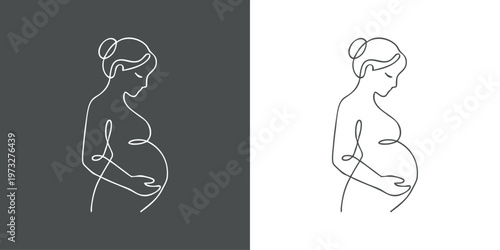 Dibujo de línea continua de mujer embarazada desnuda de pie, vista de perfil 